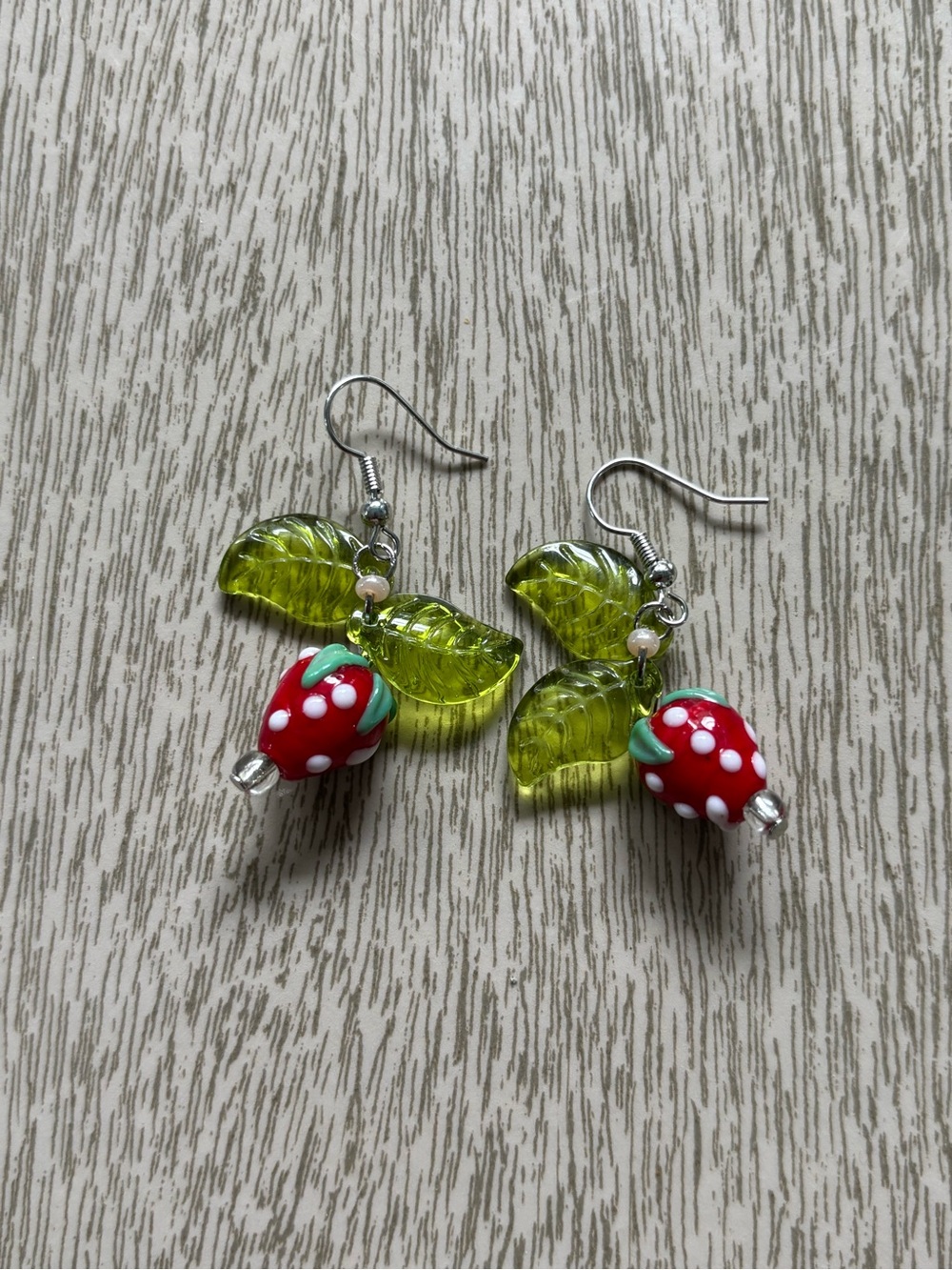 Hand Crafted Red Strawberry & Lime Leaf Dangle Earrings